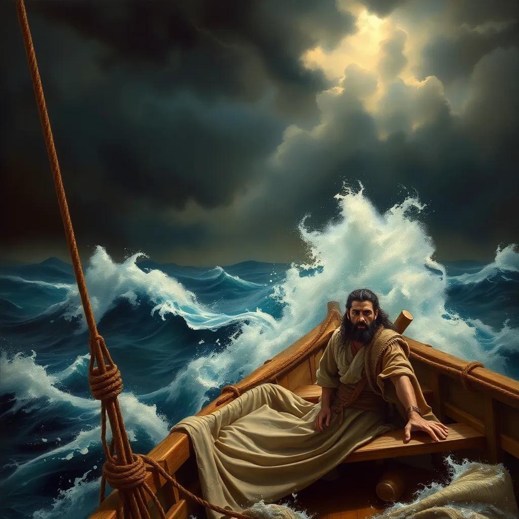 Jonas, a young Middle-Eastern man with short black hair, wearing simple, rustic clothing, on a small wooden boat in a turbulent sea, dark storm clouds above, waves crashing around, terrified sailors, dynamic composition, dramatic lighting, high quality