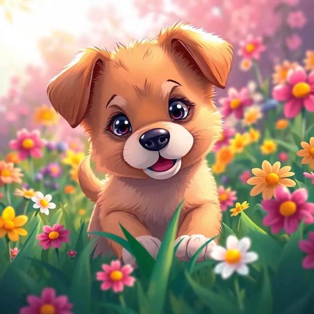 A cute puppy with soft fur and a mischievous look, playing in a sunlit garden full of colorful flowers, cheerful atmosphere, children's book illustration, vibrant colors, whimsical