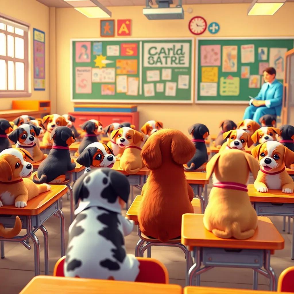 A classroom full of puppies sitting at little desks, Lila daydreaming while the teacher explains something at the front, colorful classroom setting, playful and lively