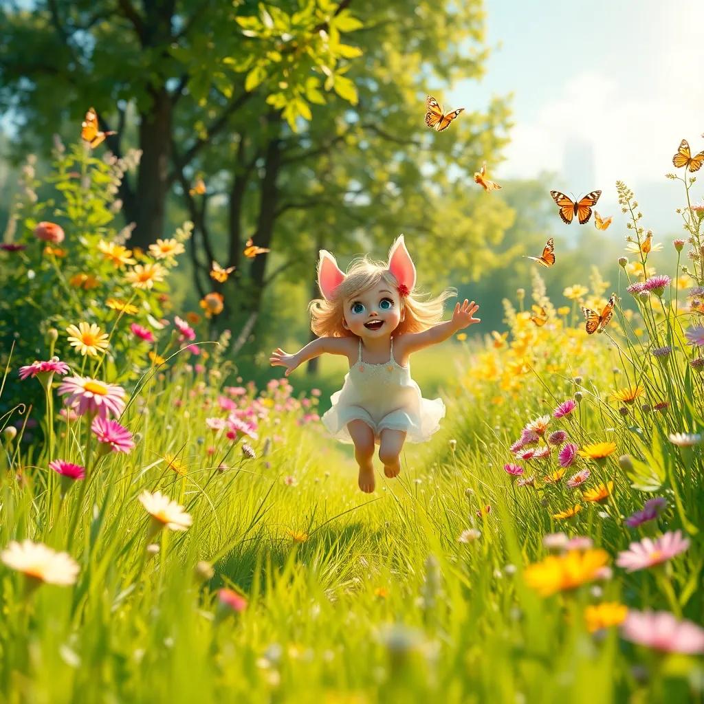 A bright sunny park with Lila running freely, chasing butterflies among tall grass and colorful flowers, joyful scene, digital art, lively and dynamic