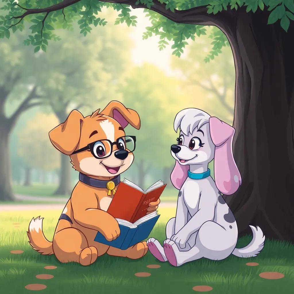 Bella, a smart puppy with glasses and a book in her paws, sitting under a tree and explaining something to Lila, peaceful park setting, friendly and inviting