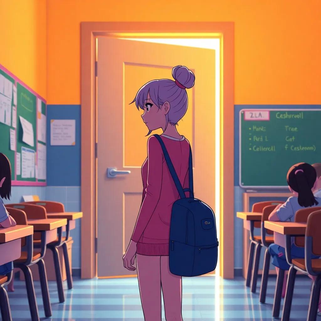 Lila, curious, standing at the door of the classroom, looking back at her friends with a hopeful expression, bright classroom, warm lighting, optimistic atmosphere