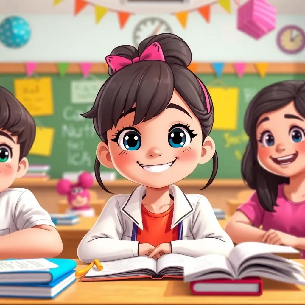 Lila, now smiling, surrounded by her friends in a happy classroom, with books and notes, colorful decorations, cheerful vibe, educational and fun