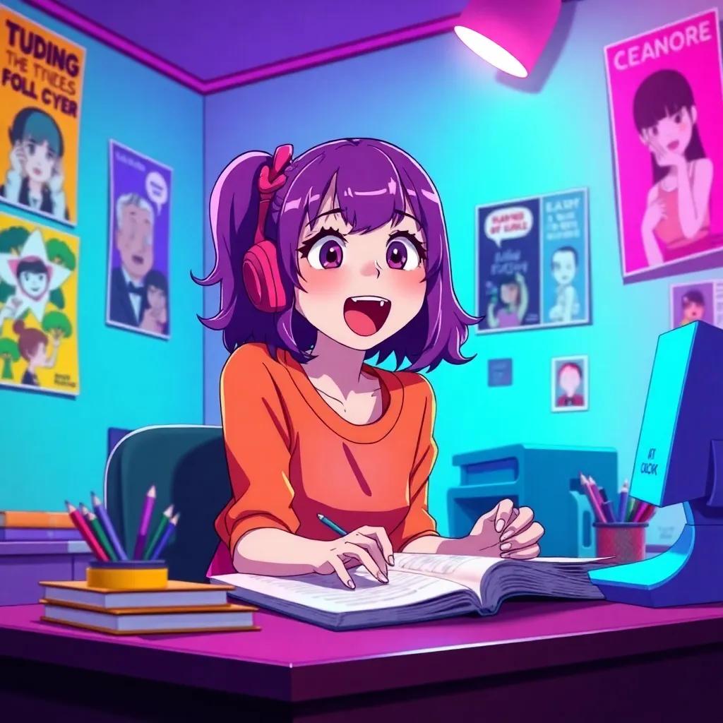A colorful scene with Lila studying at a desk with funny posters on the walls, excited expression, engaging atmosphere, vibrant colors