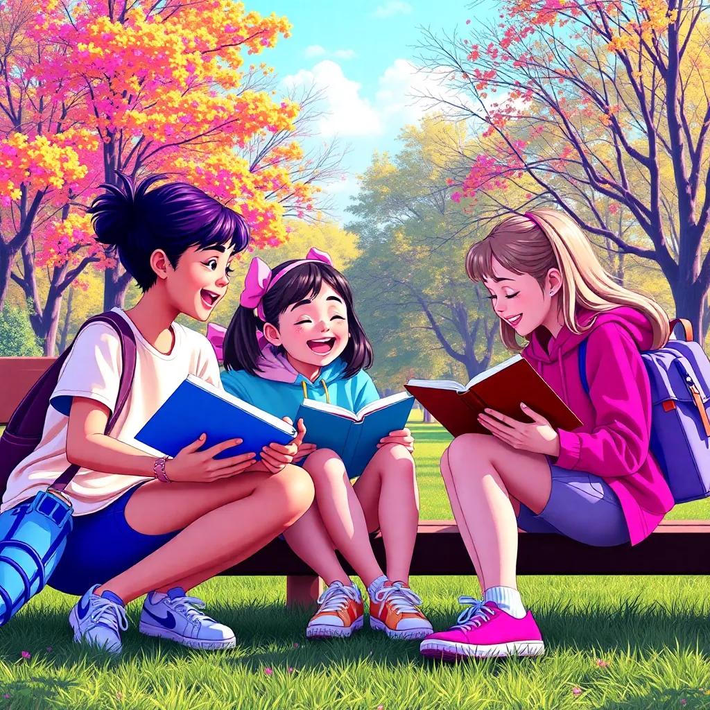 Lila and her friends playing together outdoors, happily balancing study time and playtime, joyful scene, lively park, vibrant colors