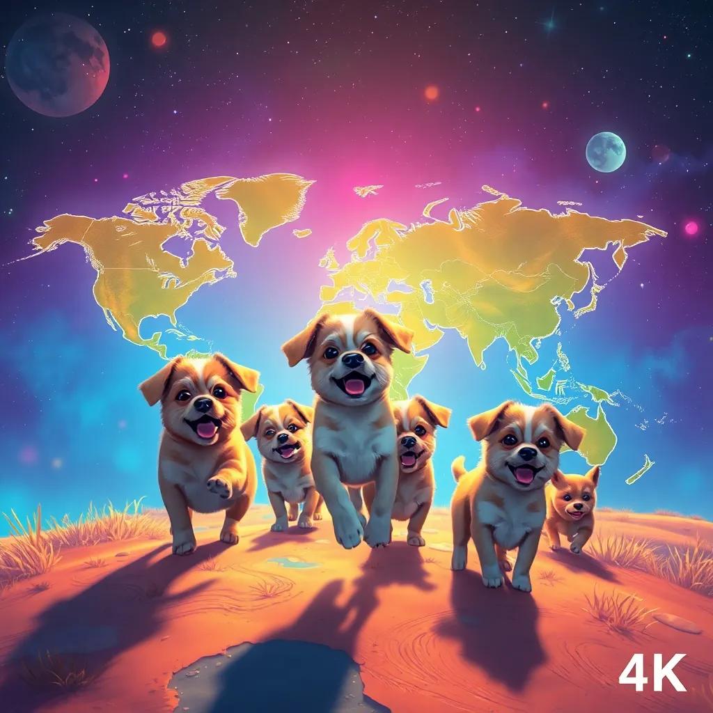 A group of happy puppies exploring a big world map with Lila leading the way, excitement in the air, playful adventure, vivid imagery