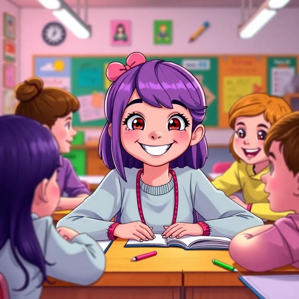 A happy Lila, back in the classroom with a big smile, surrounded by friends sharing fun learning experiences, colorful and vibrant classroom, warm and inviting