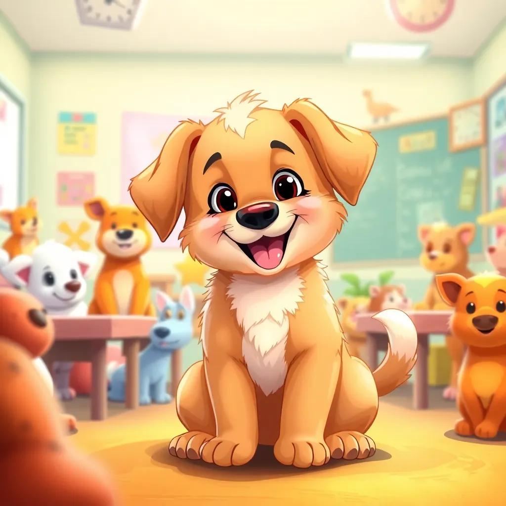A playful and energetic puppy, Lila, with soft fur and a wagging tail, sitting in a colorful classroom filled with other animals, bright and cheerful atmosphere, digital art, detailed, vibrant colors, inviting, high quality
