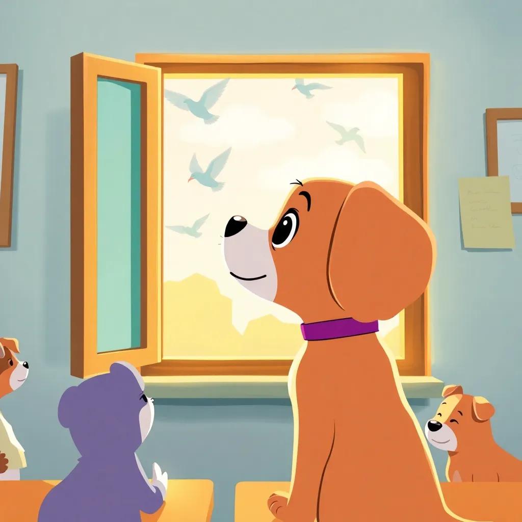 Lila, the puppy, looking out the window of the classroom, mesmerized by birds flying outside, with other animals in the classroom, warm light, educational setting, bright colors, storytelling view, high quality