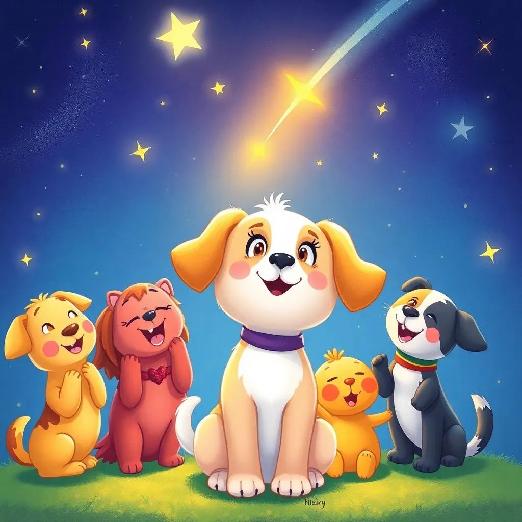 Lila, the puppy, looking up at a bright shooting star in the night sky while her friends cheer around her, whimsical and magical scene, warm and inviting, colorful, high quality