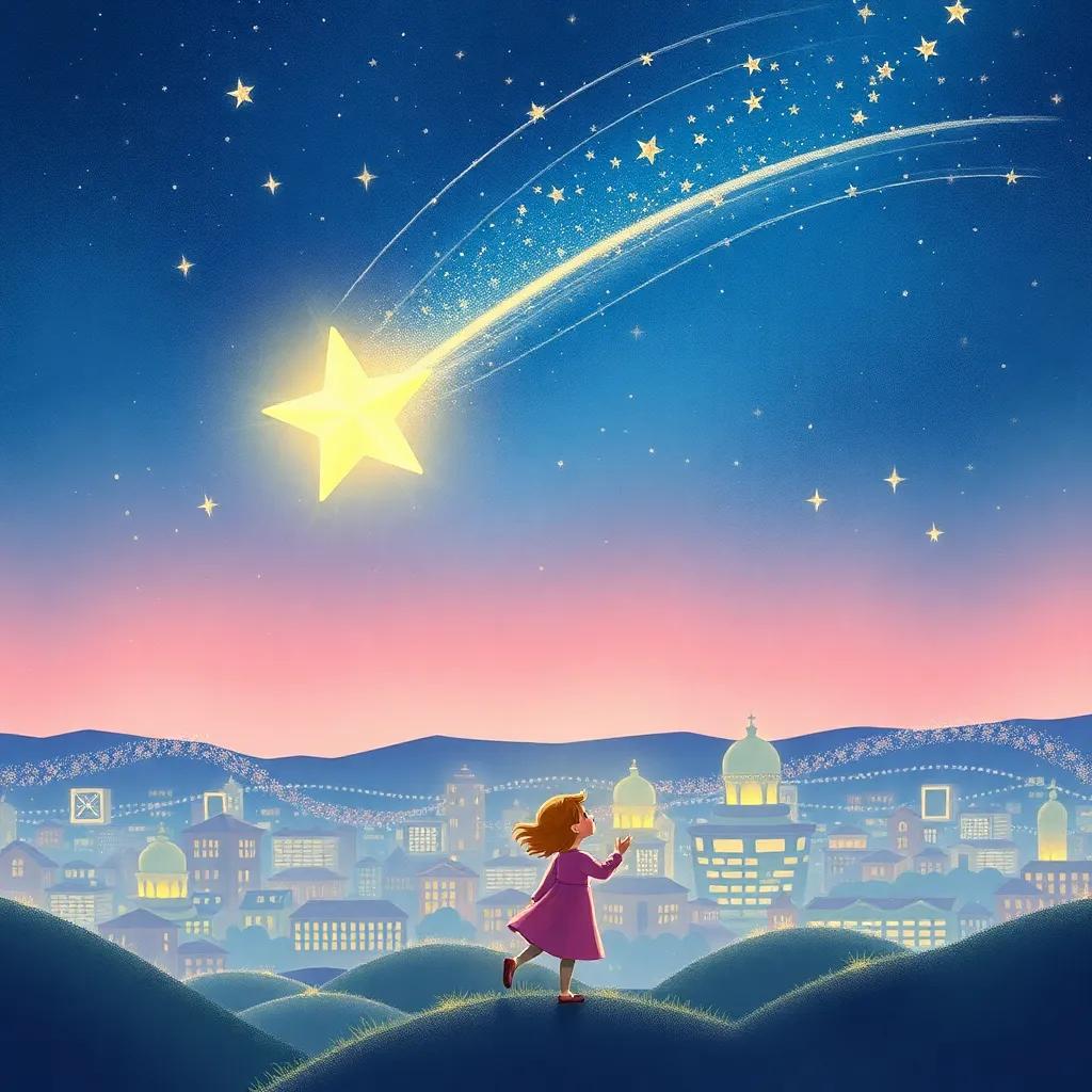 A magical shooting star in the sky shining brightly above a city, with Lila making a wish, sparkles and light around, whimsical atmosphere, high quality, illustration style