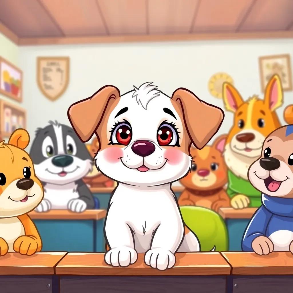 Lila, the puppy, attentively listening in class with bright eyes, surrounded by other animals looking impressed, warm classroom scene, encouraging atmosphere, colorful, high quality