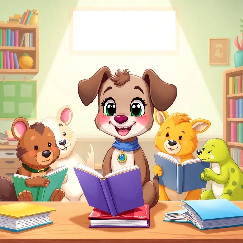 Lila the puppy helping her friends learn in a classroom setting, all animals engaged with books and materials, vibrant and dynamic, cheerful lighting, high quality