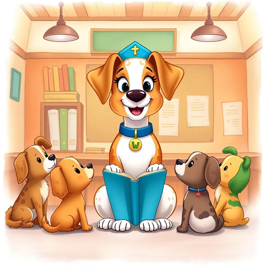 Lila, the wise puppy, sitting proudly in a classroom surrounded by her friends, teaching them and sharing knowledge, warm and inviting atmosphere, rich colors, detailed, high quality