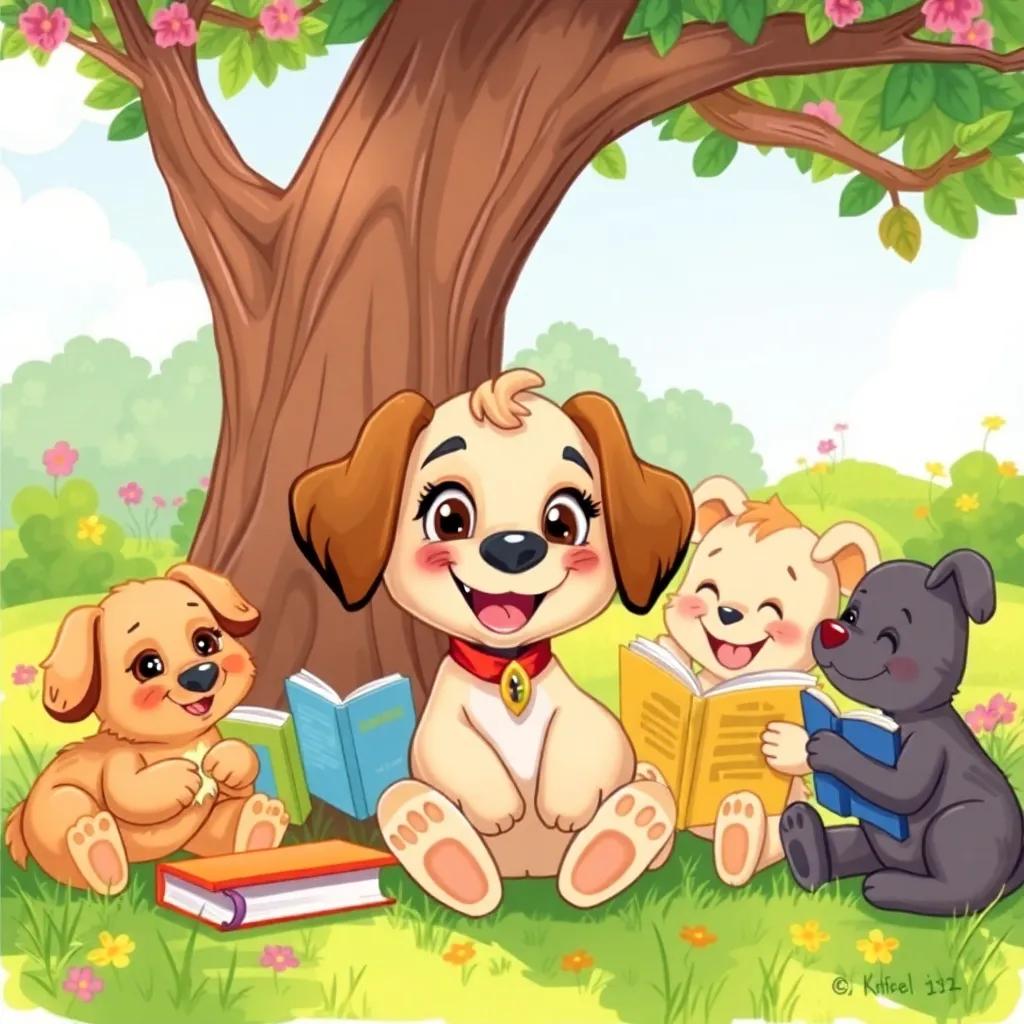 Lila, the playful puppy, happily sharing stories with her friends outside under a tree, surrounded by books and laughter, colorful and vibrant, heartwarming, high quality
