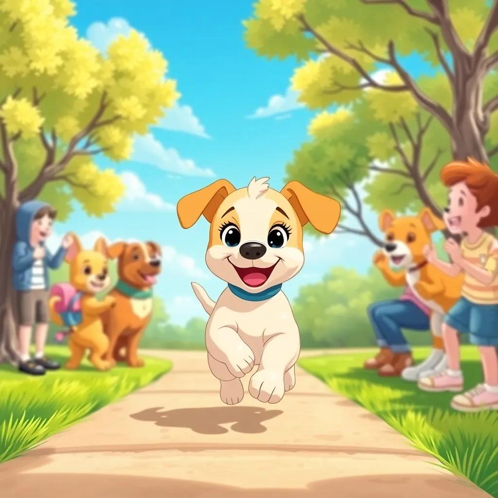 Lila, the puppy, running happily through the park while her friends cheer, bright blue sky and sunshine, cheerful and inviting scene, dynamic and inspiring, high quality
