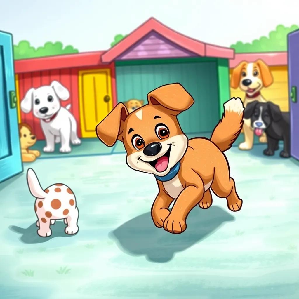 A lively dog, Lili, with brown fur and bright eyes, running around a colorful dog kennel with other dogs looking on, playful and lively atmosphere, detailed, vibrant colors, cheerful setting, high quality