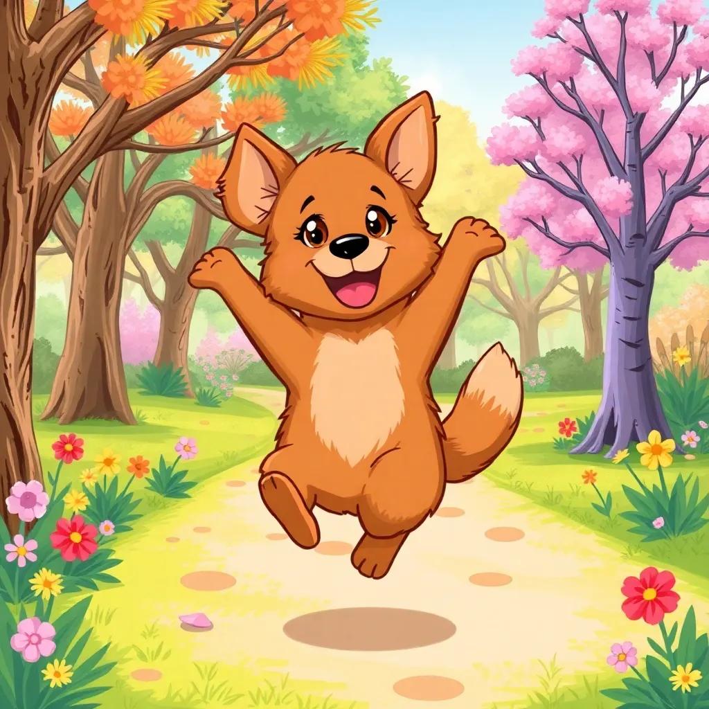 Lili, a brown furry dog, bouncing joyfully in a vibrant park surrounded by trees and flowers, having fun and enjoying her day, illustration, cheerful, adventure-themed, child-friendly