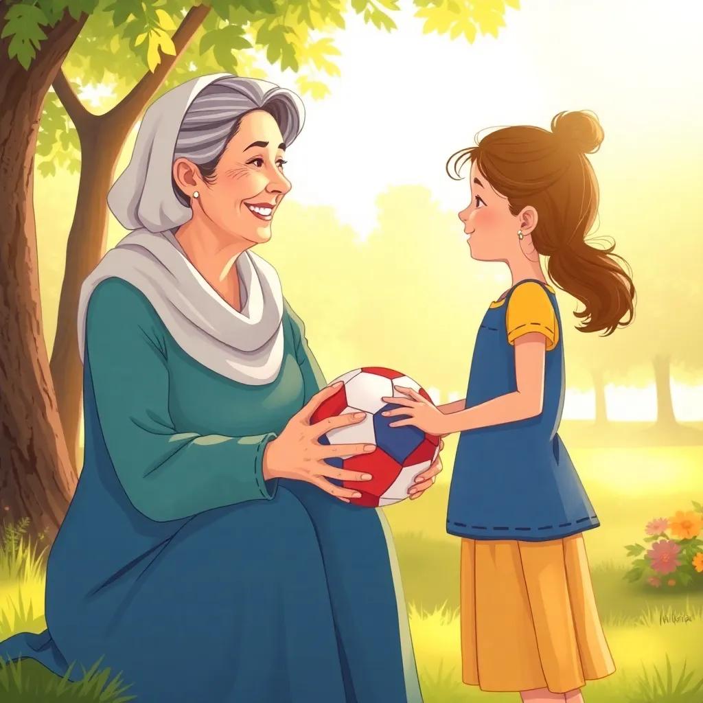 Dona Maria, a kind woman, smiling gently at Lili, playing together with a ball in a sunlit park, capturing the bond of friendship between them, illustration, warm light, uplifting atmosphere, high quality