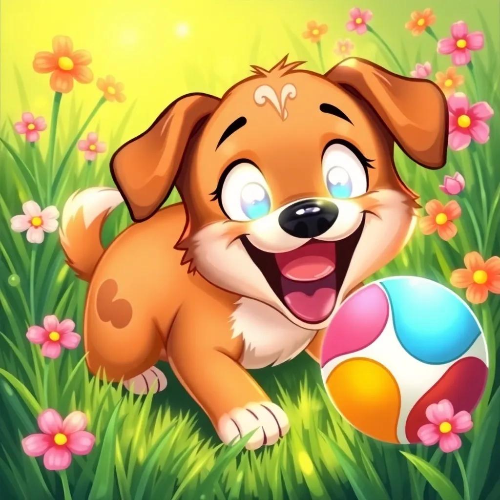 Lili, a joyful dog with glowing eyes, learning to fetch a ball with playful focus, surrounded by green grass and blooming flowers, colorful, bright highlights, exciting view, fantasy