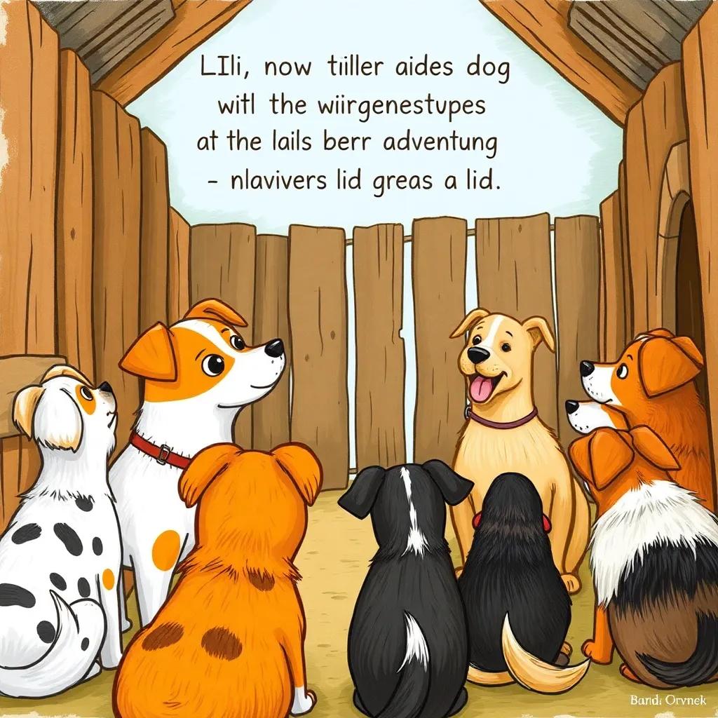 Lili, now a wiser dog, sharing her tales of adventure with other dogs in the kennel, all listening with wide eyes and wagging tails, heartwarming, vivid colors, joyful scene, storytelling view