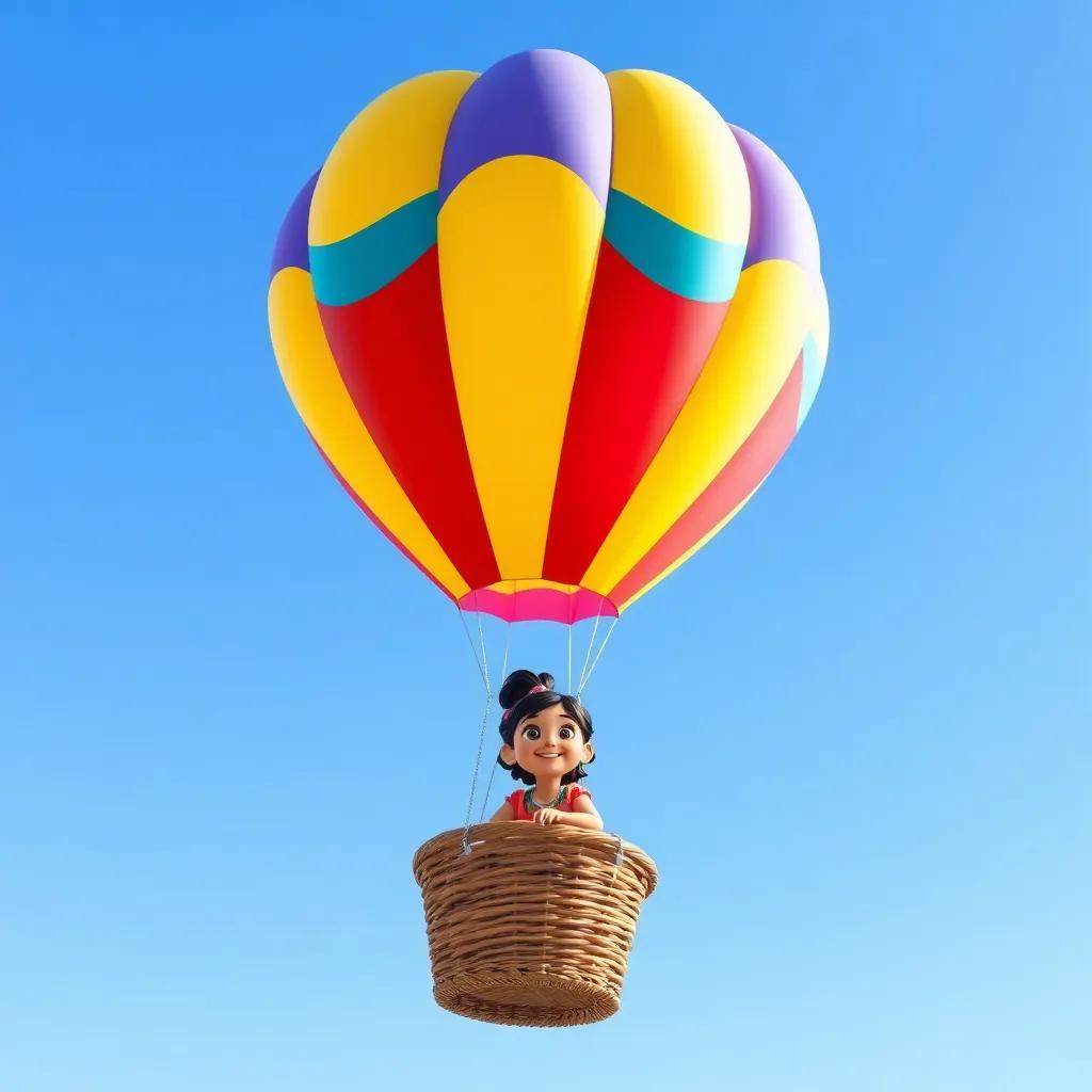 A bright and cheerful multicolored balloon floating in a clear blue sky, with a cute girl Clara sitting in a basket, smiling and looking excited, digital art, vibrant colors, happy atmosphere, high quality