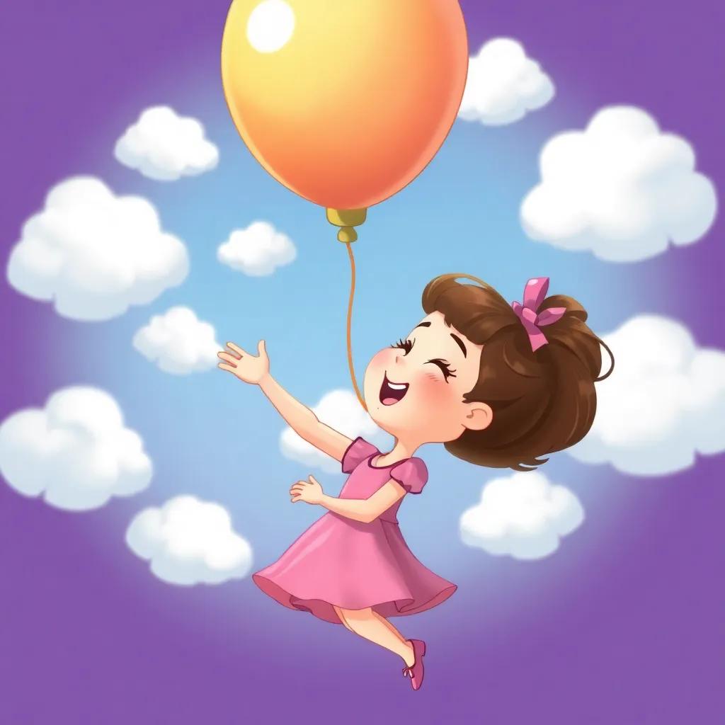 Clara, a young girl with brown hair in a cute dress, singing joyfully as the balloon dances with fluffy white clouds in the background, illustration, cheerful, colorful, child-friendly