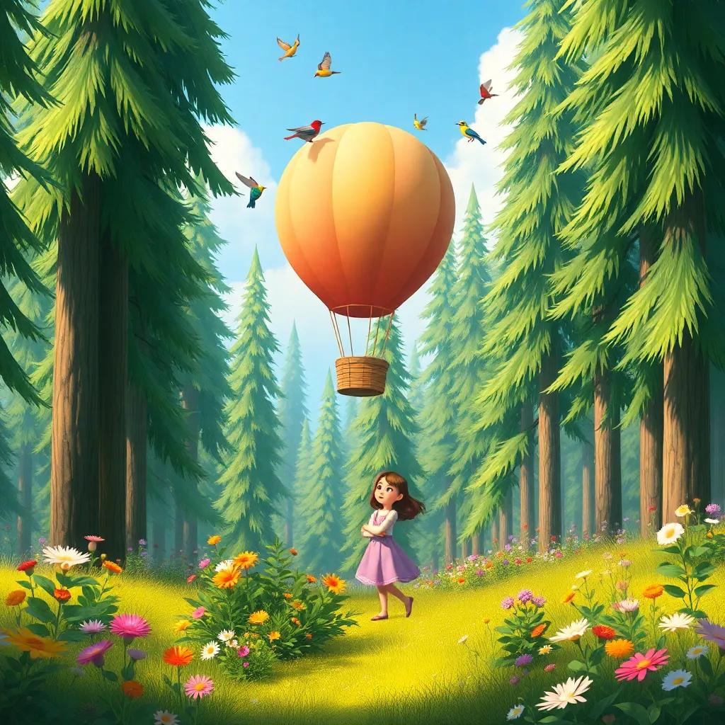 A beautiful forest scene with tall green trees and colorful flowers, Clara and the balloon floating above, surrounded by colorful birds singing, bright and colorful illustration, warm light, storytelling view