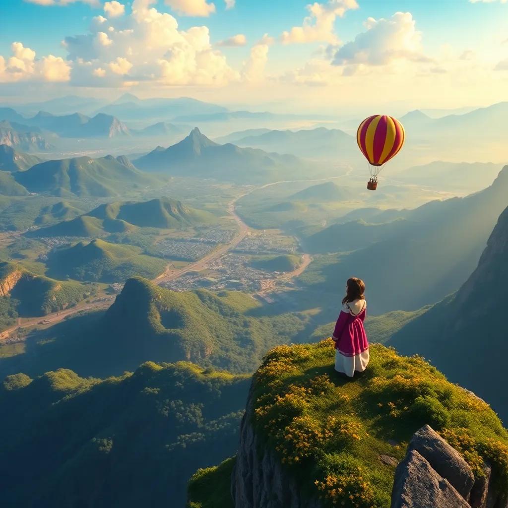 A majestic view from a tall mountain, showcasing the vast beauty of Brazil, with Clara and the balloon looking down in awe, vivid colors, breathtaking landscape, enchanting atmosphere