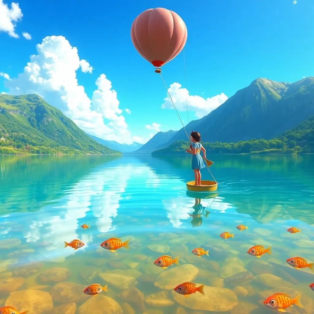 A serene lake with crystal clear water reflecting the sky, Clara and the balloon skimming above the lake, noticing colorful fish swimming below, joyful colors, fantasy-like scenery, magical view