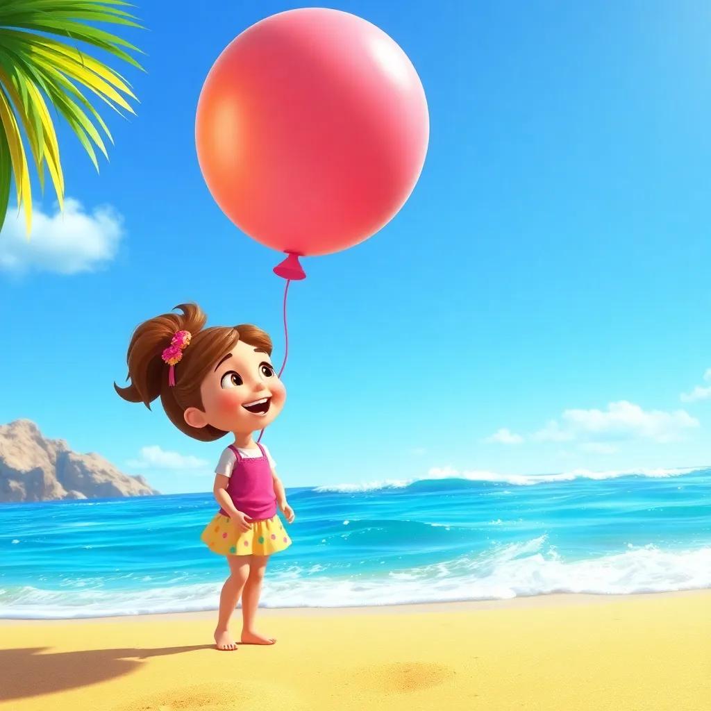 A sunny beach with golden sand and clear blue waves, Clara laughing and playing near the water with the balloon floating above her, cheerful colors, bright sunlight, lively beach environment