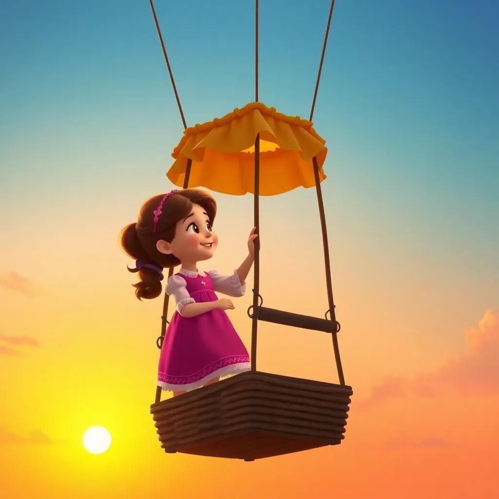 Clara bidding farewell to the balloon as she descends from the basket, them both smiling, with a beautiful sunset in the background, warm and inviting colors, heartwarming moment