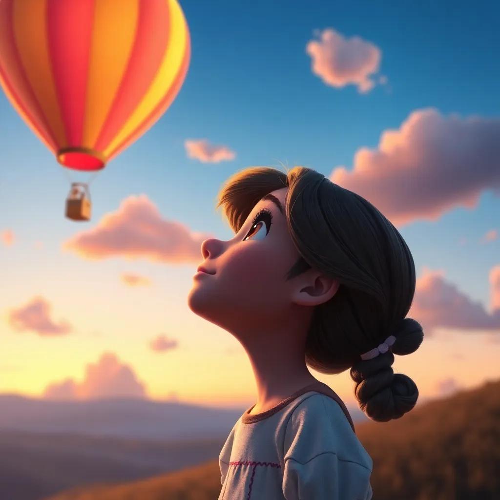 A whimsical scene of Clara looking up at the sky with a glimmer in her eyes, seeing the balloon dancing in the clouds, a soft sunset glow lighting the scene, dreamy, imaginative atmosphere