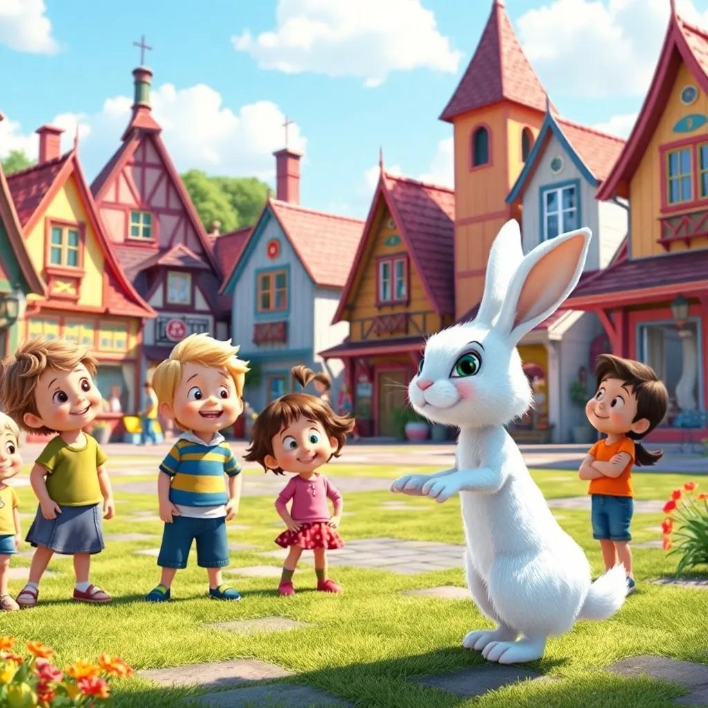 A group of happy children in a vibrant village square, looking curiously at a mischievous white rabbit that is about to disappear, sunny day, colorful village, digital art, cheerful atmosphere, bright colors, high quality