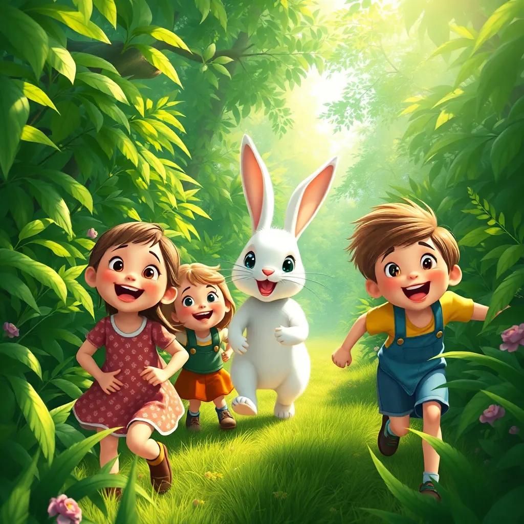 The children excitedly following the white rabbit through a dense green forest, wide smiles and sparkling eyes, sunlight filtering through the leaves, magical adventure, beautifully illustrated, lush scenery