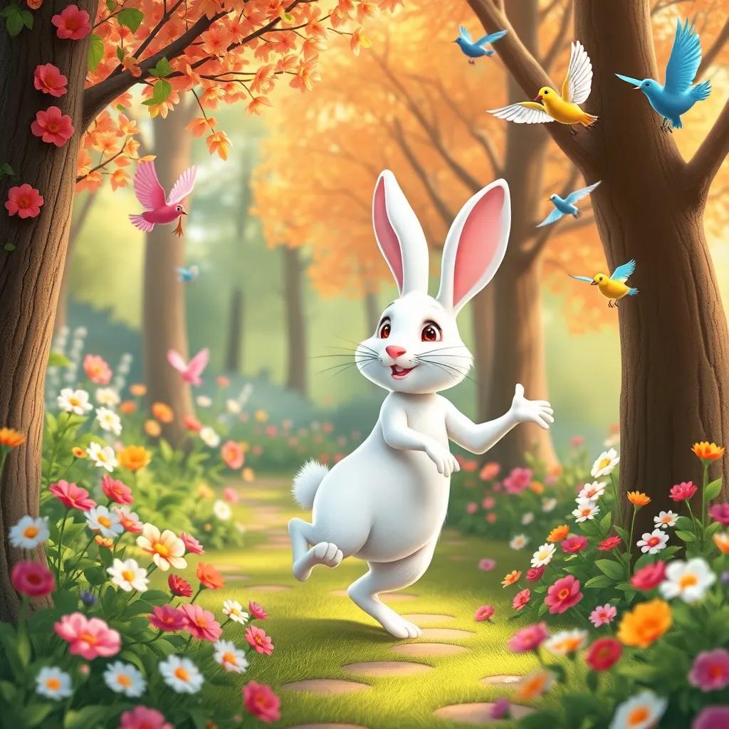 The playful white rabbit dancing among the trees, with flowers blooming all around and colorful birds flying, enchanting ambiance, lively nature, joyfully whimsical art, colorful