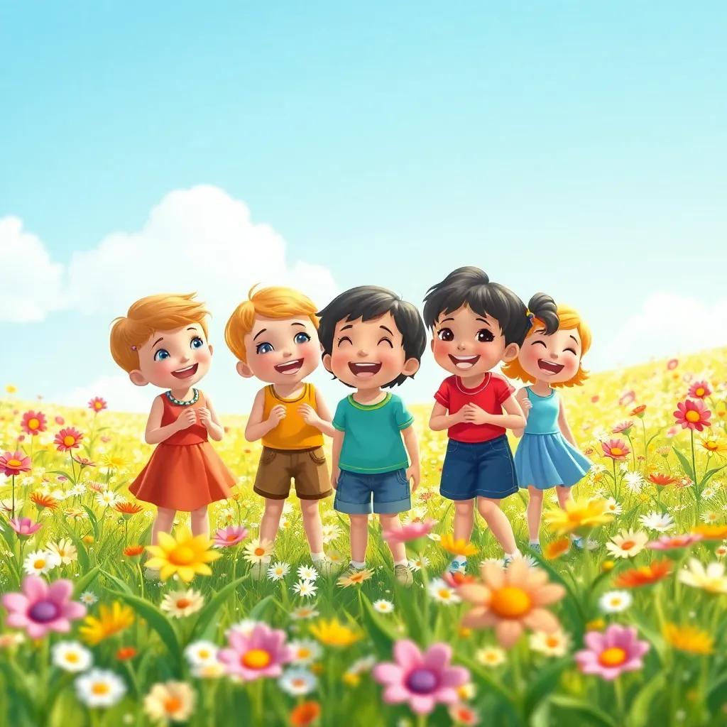 A group of children giggling in a beautiful flower-speckled clearing, with talking flowers around them, sunny and joyful, bright and cheerful scenery, child-friendly style, warm colors