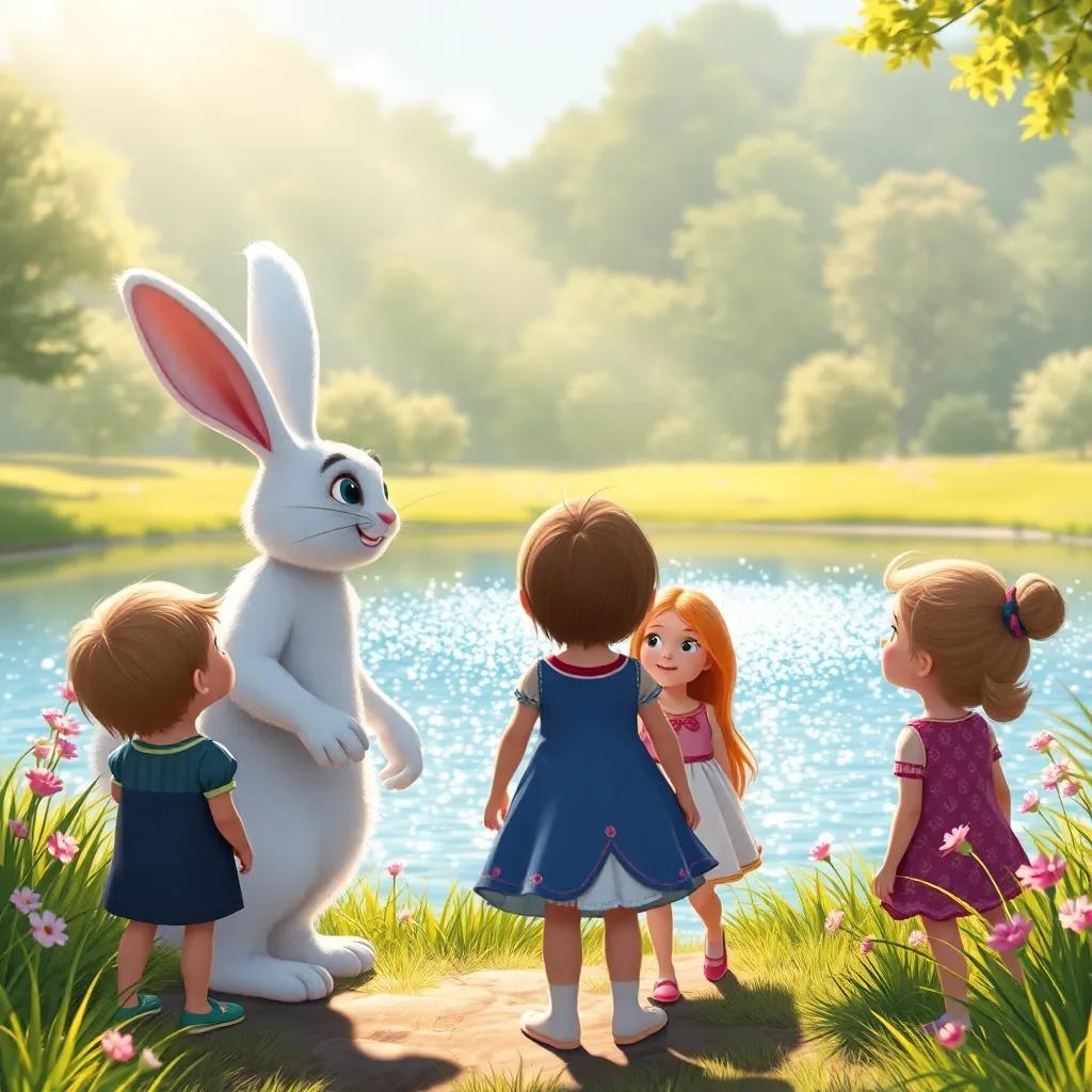 The white rabbit inviting the children to a sparkling lake in a sunlit clearing, magic presence, their faces full of wonder, illustrations of excitement and beauty, well-lit environment