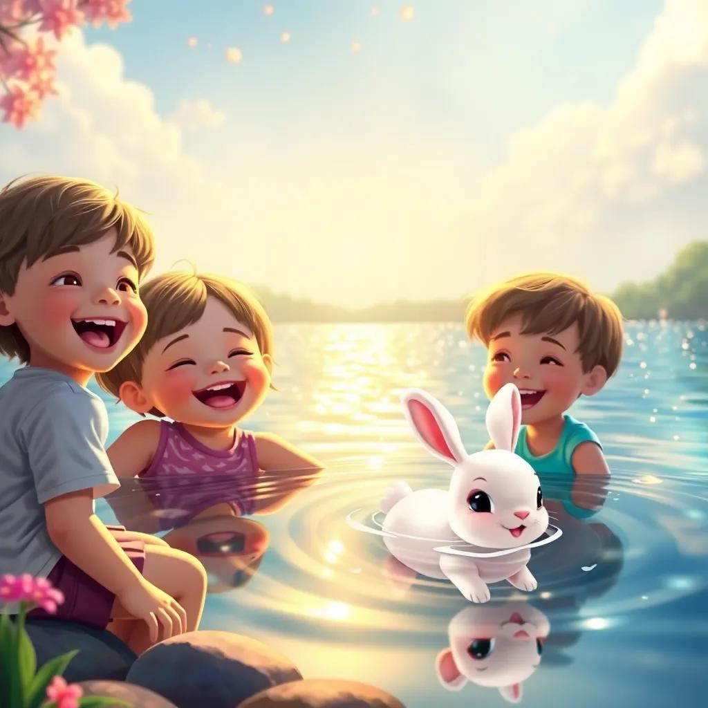 Children laughing by the magical lake with a sparkling surface and a playful white rabbit swimming like a little fish, joyful atmosphere, vibrant colors, fun and colorful