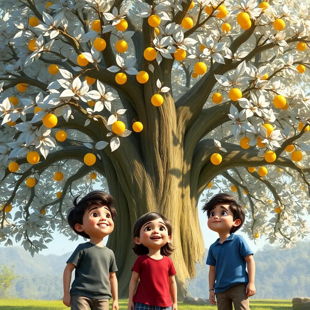 The kids in front of a gigantic fairy tale tree with silver leaves, delight and wonder on their faces, golden fruits in the sunlight, magical artistry, rich colors