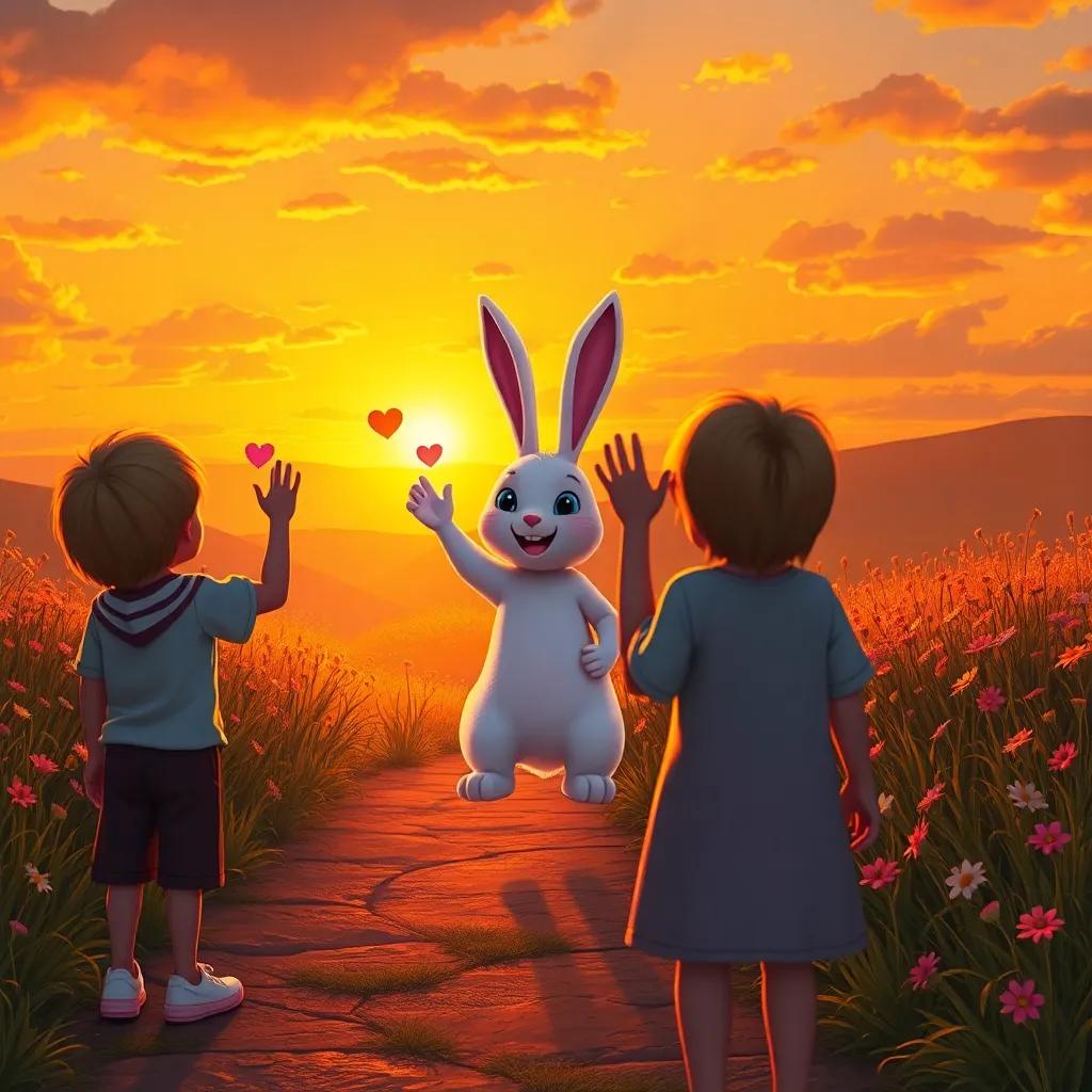 A sunset scene where children wave goodbye to the white rabbit, who is hopping away with a smile, hearts full of joy, beautiful sunset colors, nostalgia, enchanting art style