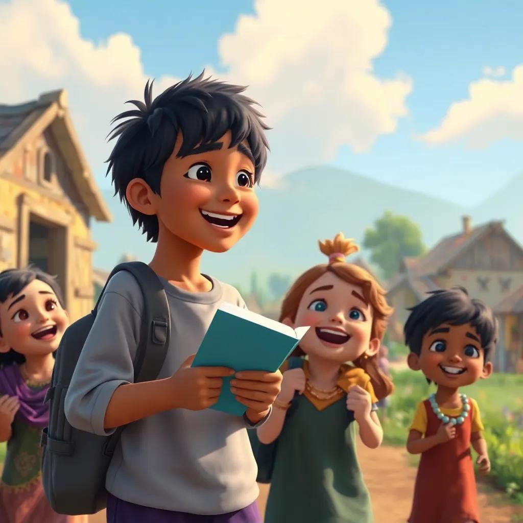 Children returning to the village, excitedly sharing their stories, a mix of emotions—wonder and laughter, village backdrop, warm and welcoming ambiance