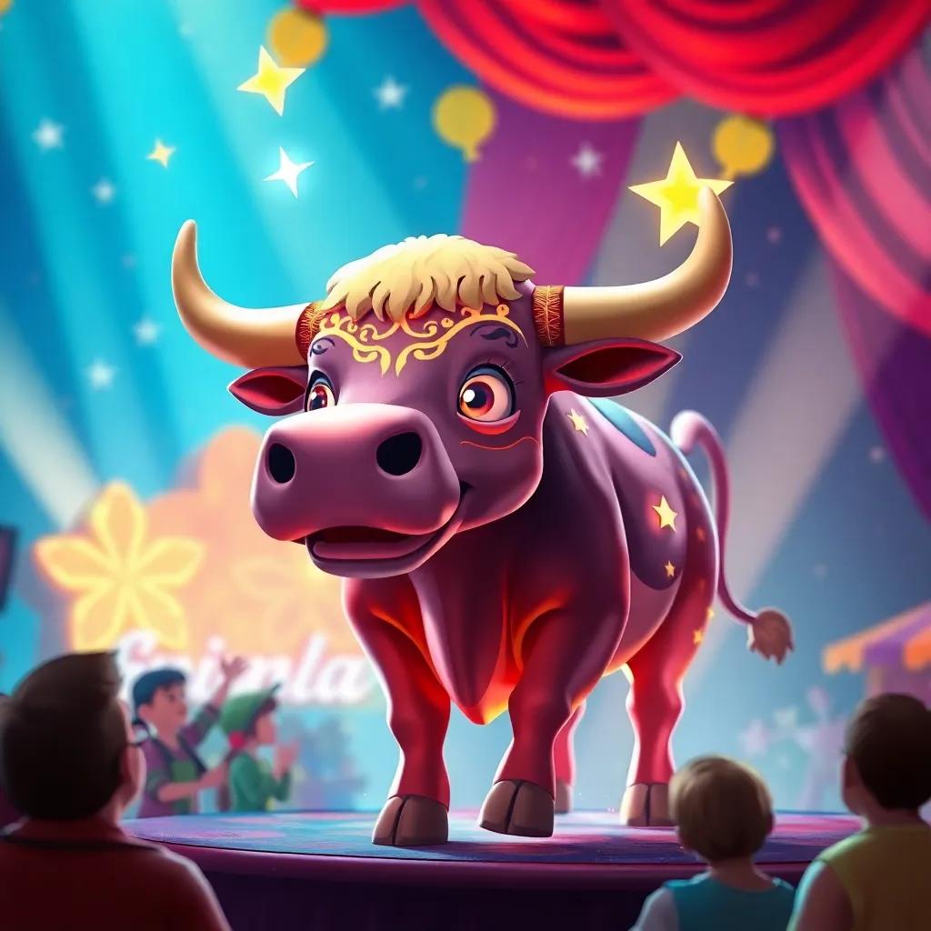 A magical bull, Boi da Luz, with bright colors and sparkling lights, coming to life on stage with stars in its eyes, surrounded by amazed festival-goers, illustration, enchanting, whimsical, child-friendly