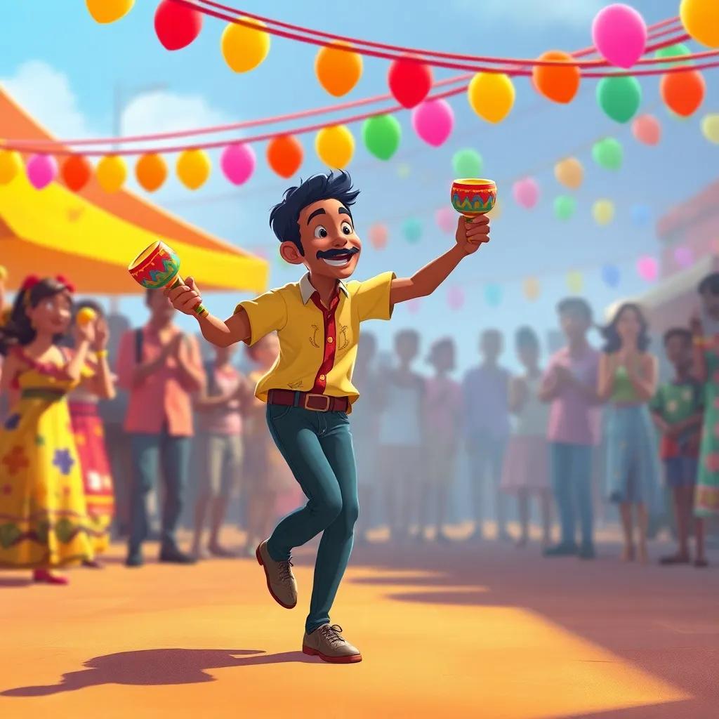 Pedro dancing with Boi da Luz in the middle of a vibrant festival, colorful maracas in his hands, moving gracefully, onlookers cheering in the background, illustration, joyful, dynamic, cultural representation