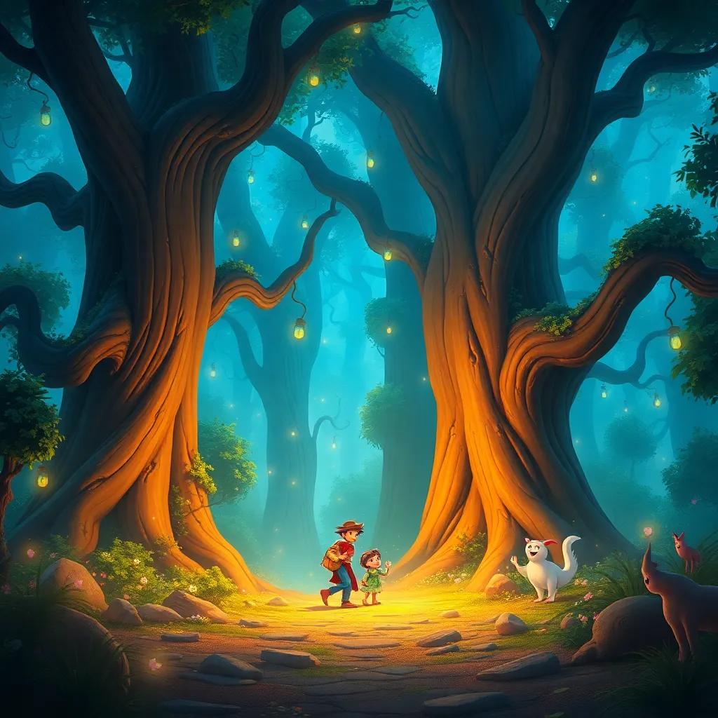 A magical enchanted forest, with giant trees and glowing lights, Pedro and Boi da Luz navigating through, with friendly spirits whispering and dancing around them, digital painting, mystical, colorful, inviting atmosphere