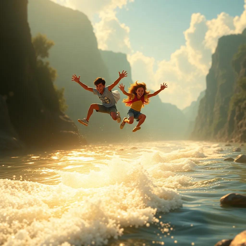 Pedro and Boi da Luz leaping over a shimmering river, capturing their courage and teamwork, with golden light shining on the water, artistic interpretation, high energy, magical