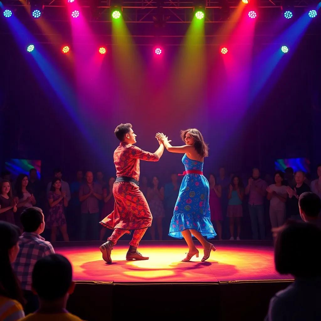 Pedro and Boi da Luz on the festival stage, captivating the audience with their dance, colorful lights showering on them, everyone clapping and cheering, digital art, festive, celebration, high quality