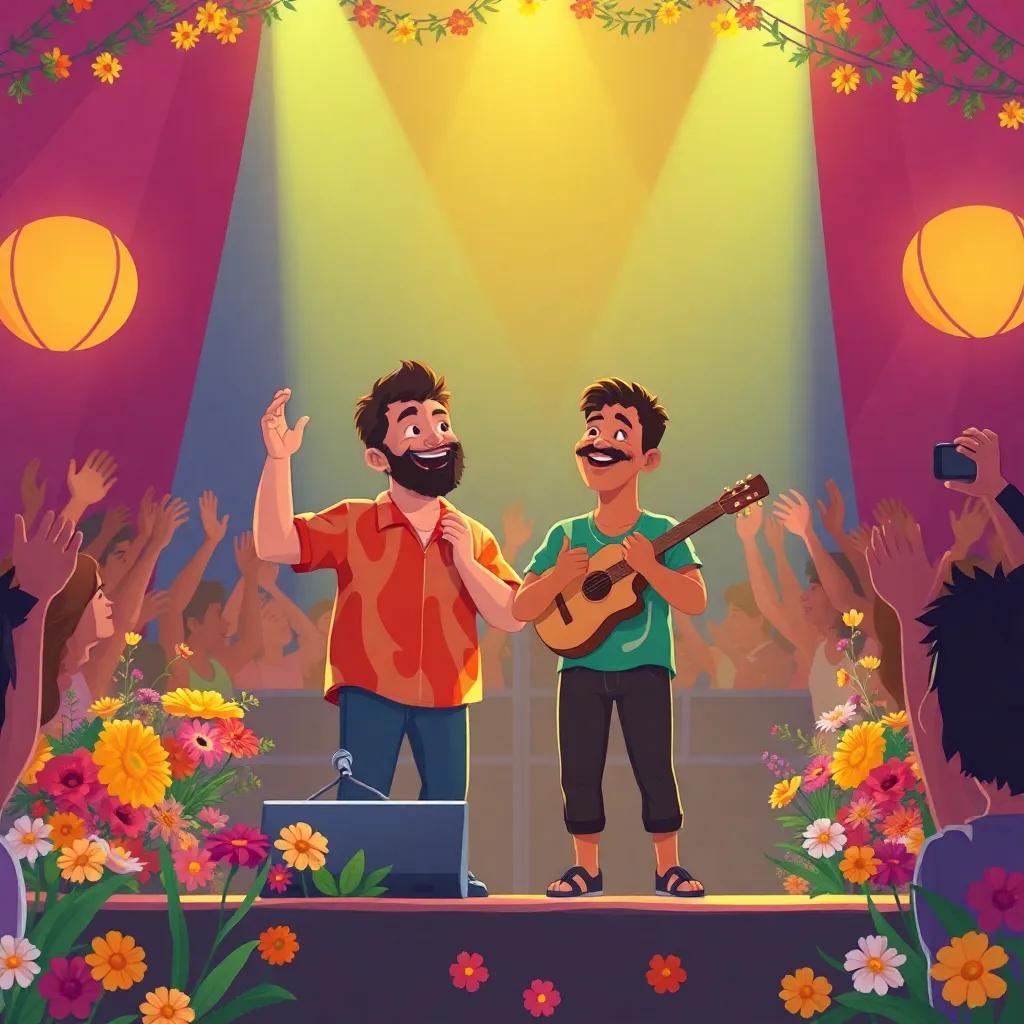 Pedro and Boi da Luz receiving applause on stage after their performance, surrounded by flowers and cheers, with vibrant festival decorations around, illustration, joyful, emotional moment
