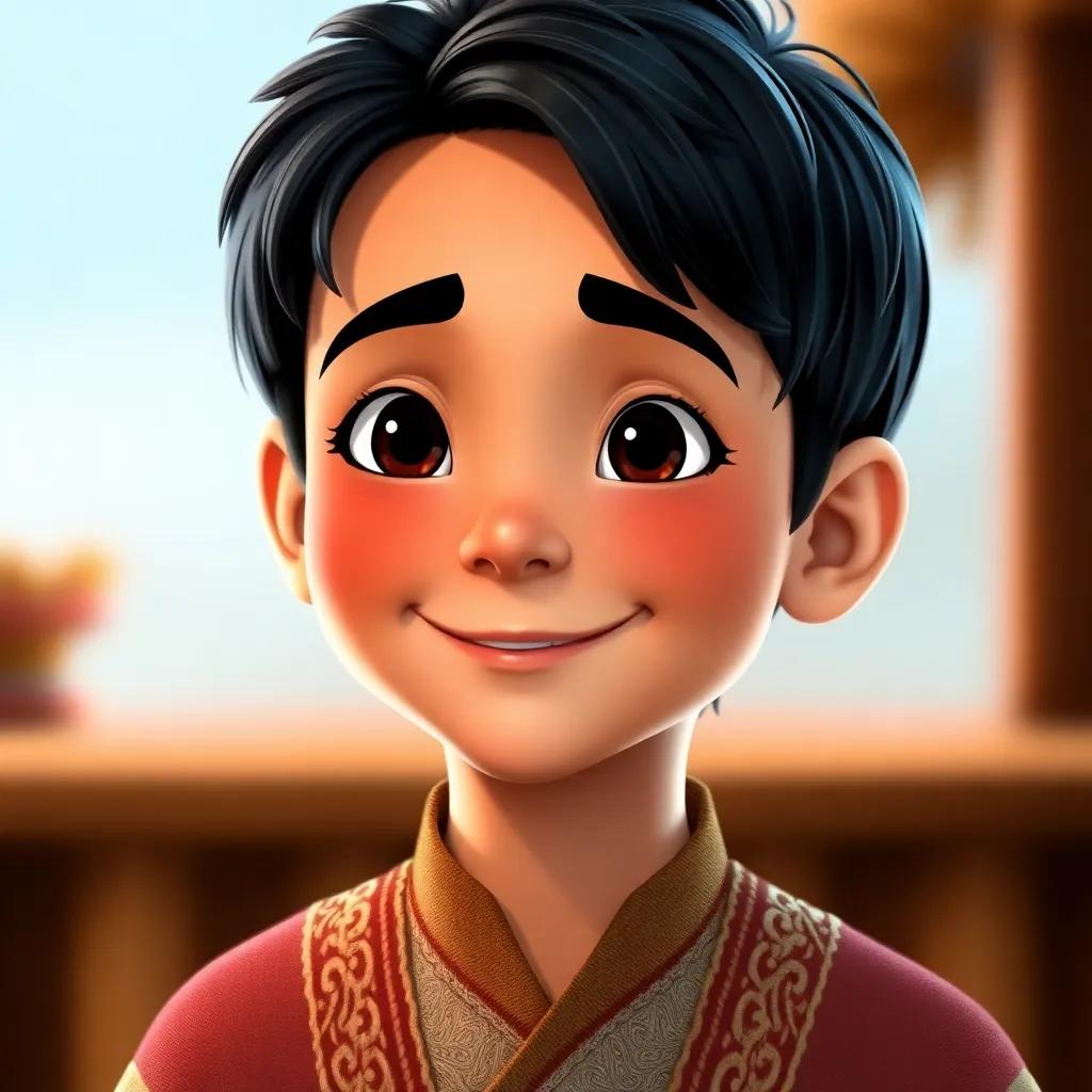A close-up of Pedro, a young boy with short dark hair, looking content and proud, wearing a traditional outfit with a friendly smile, digital art, warm colors, inviting