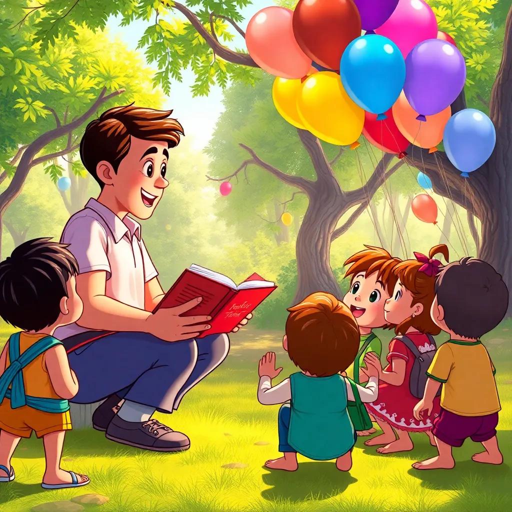 Pedro telling the magical story of his adventure with Boi da Luz to a group of amazed children, in a lively park with colorful balloons, illustration, cheerful, engaging, cultural representation